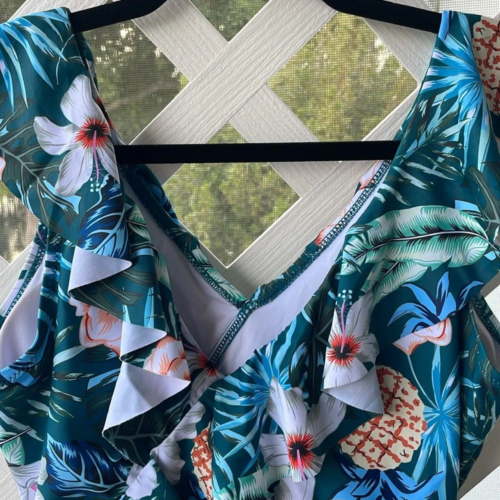 Blooming Jelly V-Neck Ruffle Trim Tummy Slimming Swimsuit - Picture 7 of 13